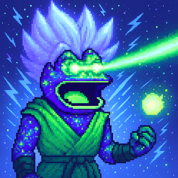 A pixel art illustration of a character resembling Vegeta from Dragon Ball Z with Super Saiyan-style glowing blue hair, shooting a green energy beam from his eyes against a dark blue starry background with lightning bolts.
