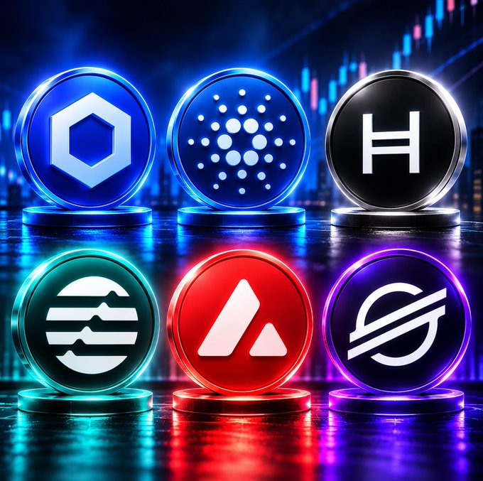 Six glowing crypto-style coin emblems are arranged in two rows on a neon blue and black reflective background.