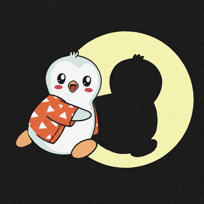 A cute cartoon penguin wearing an orange patterned sweater sits next to the shadow it casts in the shape of its own silhouette, against a yellow circular background—playing on the morning light casting a long shadow, fitting the "Penguuu morning" greeting.