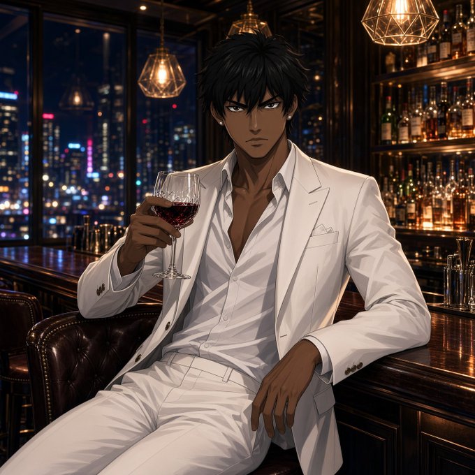 An anime-style illustration depicts a dark-skinned man in a white suit sitting at a bar, holding a glass of red wine with a city skyline visible through the windows behind him.