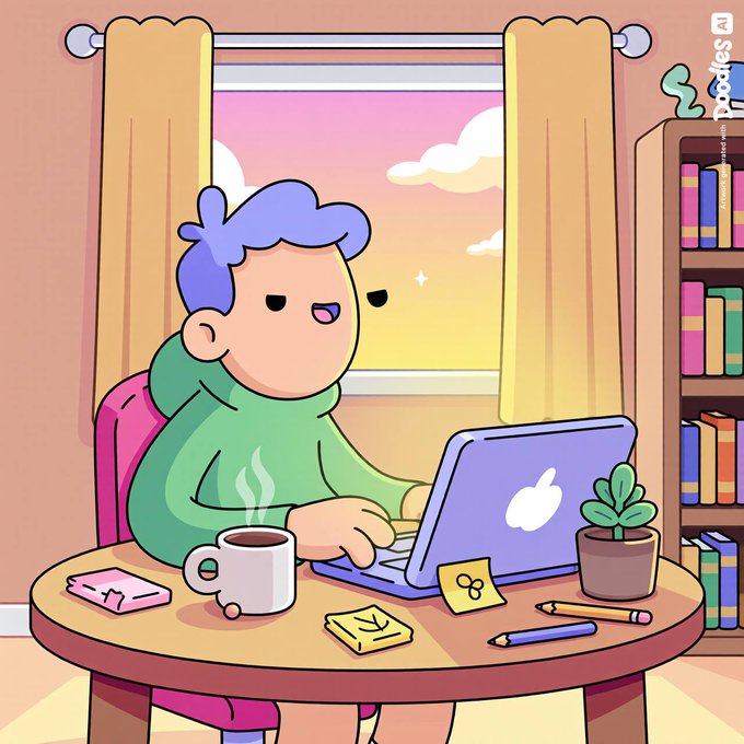 A cartoon man with blue hair sitting at a table using an Apple laptop, drinking coffee from a cup, and surrounded by books.
