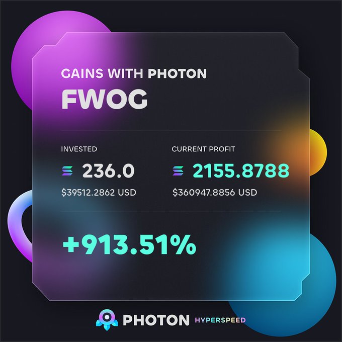 An image displays a dark promotional card titled "GAINS WITH PHOTON" highlighting a +913.51% return on an investment of 236.0 tokens ($39,512.29) yielding a current profit of 2,155.8788 tokens ($360,947.89) on the "FWOG" token, alongside the PHOTON Hyperspeed logo. The post celebrates "+2155 sol in a day," a figure that directly matches the 2,155.8788 token profit shown in the card, reinforcing a nostalgic tone about such large gains being the norm.