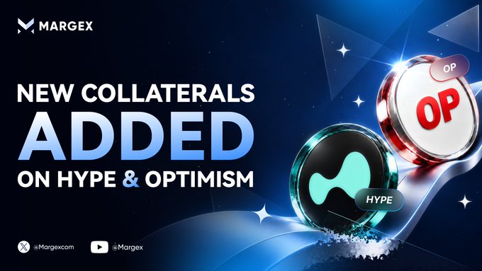 Margex promotional banner announcing 'NEW COLLATERALS ADDED ON HYPE & OPTIMISM' with graphics of OP and HYPE tokens against a starry blue background, including social handles @Margexcom.