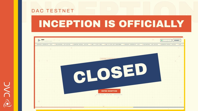 A graphic with the text 'DAC TESTNET INCEPTION IS OFFICIALLY CLOSED' featuring the DVC logo, showing a screenshot of a website with a large 'CLOSED' stamp.
