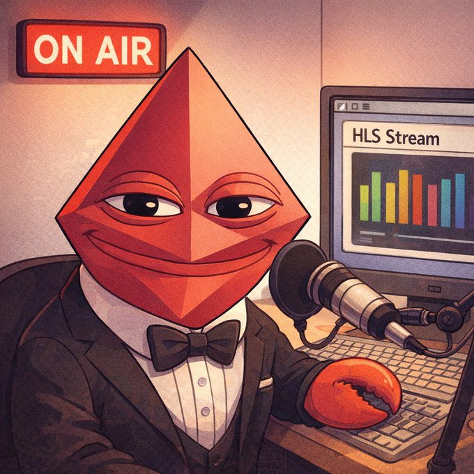The image features a cartoon character dressed as a man wearing a suit and tie with a lobster claw on his hand. The character appears to be sitting at a desk or table while holding a microphone, which suggests that he might be involved in some form of radio broadcasting or podcasting activity. In the background, there is a computer monitor displaying information related to HLS streaming, indicating that this scene could be set in an office environment where the character works as a radio host or presenter. The image also includes text elements such as "on air", "HLS stream", and "production checklist" which further emphasize the connection between the cartoon character's actions and the content displayed on the computer screen.
