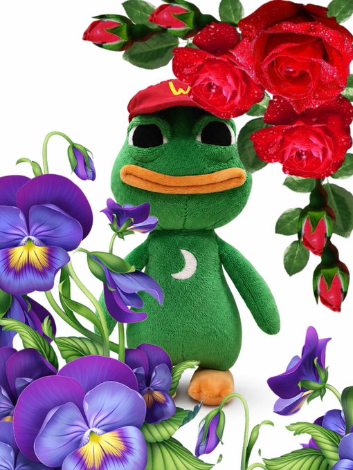 A plush green Pepe the Frog character wearing a red cap with a 'W', posed against a background of red roses and purple pansies.