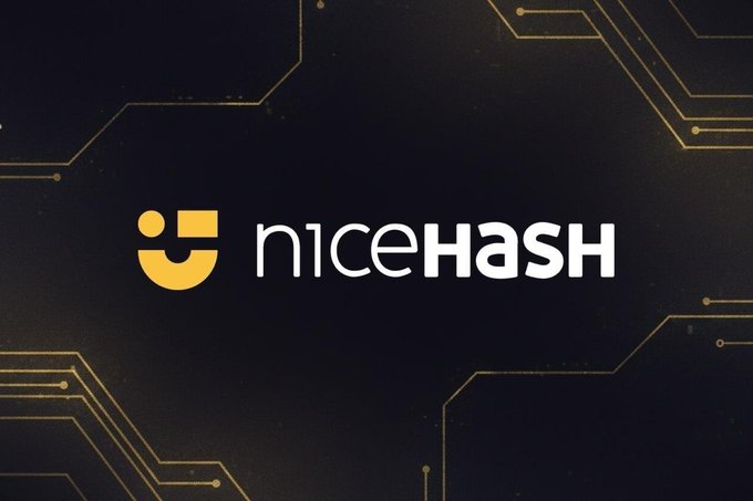 The 'NICEHASH' logo in white and yellow on a dark background with circuit-like line patterns.