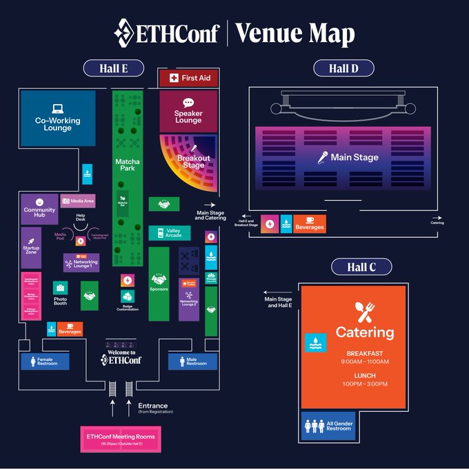 The image shows an event planning map for the EthCon Conference Venue Map. The map displays the layout of the conference center, including the main stage area, hall E, and hall D. There are also smaller maps showing the other halls within the venue. The map is color-coded to indicate different areas or services available at each location. The post provides information about a special event happening in the EthCon Conference Venue Map, which includes details such as the date, time, and location of the event.