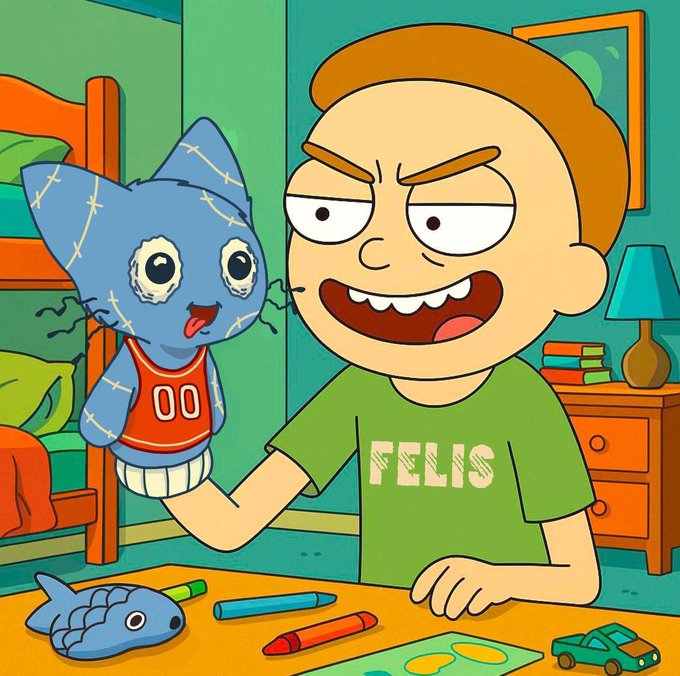 A cartoon illustration of a boy wearing a green 'FELIS' shirt holding up a blue cat-like hand puppet, sitting at a desk with crayons and a toy fish.