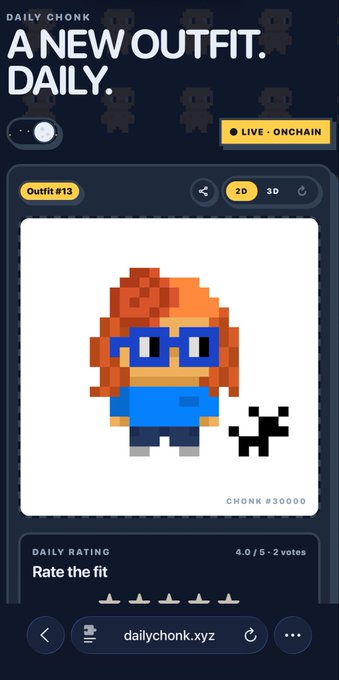 A mobile app interface for "DAILY CHONK" displaying "A NEW OUTFIT. DAILY." with a pixel art character (CHONK #30000) featuring orange hair and blue glasses, rated 4.0/5 with 2 votes.