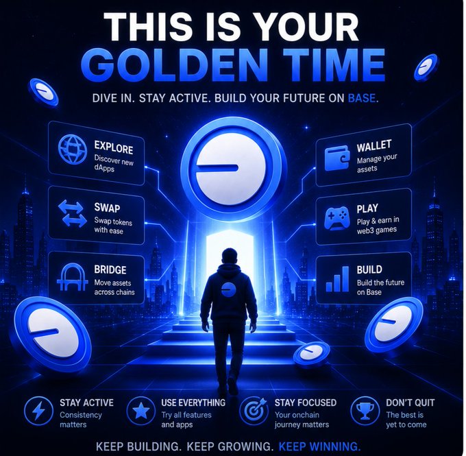 A futuristic blue-themed promotional graphic titled 'THIS IS YOUR GOLDEN TIME' promoting the Base blockchain, with a silhouette figure facing a portal and surrounding icons for Explore, Swap, Bridge, Wallet, Play, and Build features.