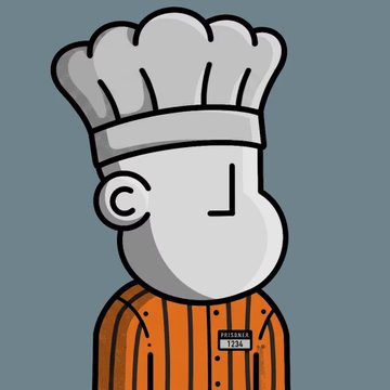 A cartoon illustration of a chef wearing a tall white toque and an orange pinstriped jacket, shown in profile with a nametag that reads "A1F2122 LA13HD1".