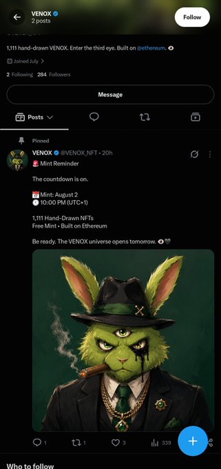 A Twitter profile for VENOX @VENOX_NFT shows a pinned mint reminder announcement featuring a hand-drawn green rabbit-like character in a hat smoking a cigar, noting "The countdown is on" with mint details for "August 2, 10:00 PM (UTC+1)" and free mint via @etherium. The image aligns with the post by promoting today's mint launch for the "1,111 Hand-Drawn NFTs" collection.