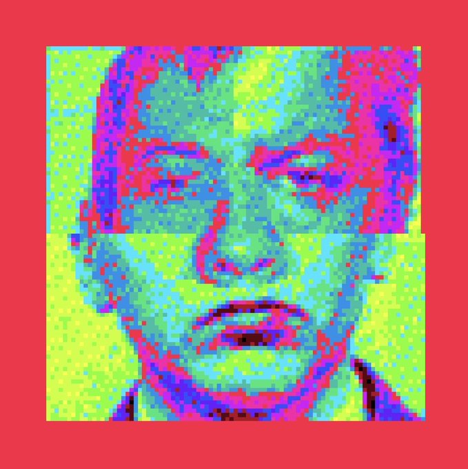 A stylized, pixelated portrait of a man's face rendered in vibrant neon colors against a red background.