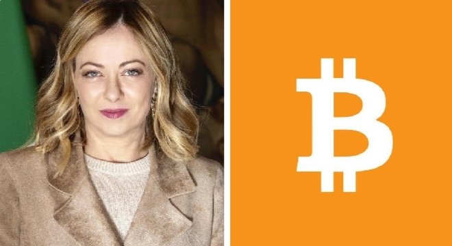 The image shows Italian Prime Minister Giorgia Meloni alongside the Bitcoin logo, illustrating Banca Sella's milestone as Italy's first bank authorized under the EU's MiCA framework to offer Bitcoin and crypto services to clients.