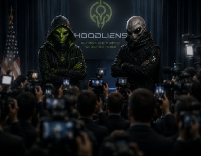 Promotional graphic for 'HOODLIENS' showing a green alien and a grey alien in hooded outfits standing before a crowd of cameras, with the tagline 'ONE MIND. ONE PURPOSE. WE ARE. THE ORDER.'