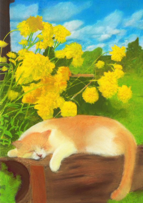 A colorful digital painting of a sleeping orange and white cat curled up on a wooden log, with vibrant yellow flowers and a bright blue, cloud-filled sky in the background.