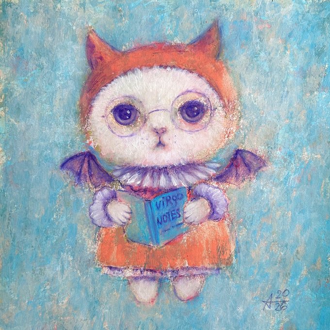 A whimsical painting of a white cat wearing round glasses, an orange hood with bat-like wings, and holding a blue book titled "VIRGO NOTES" against a textured blue background, signed "A20 A26" in the lower right corner.