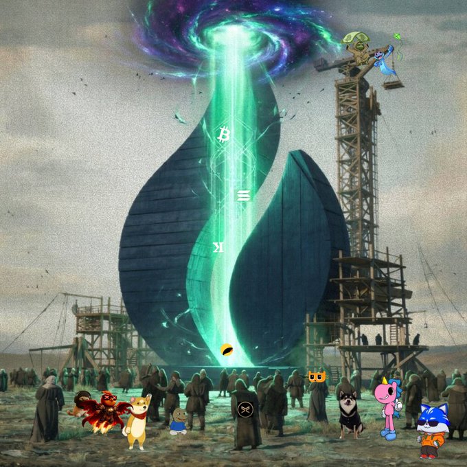 The image features a group of people standing around an unusual structure that resembles a giant leaf or a pyramid-like shape with a green glow at its center, possibly emitting a beam of light. The scene takes place outdoors, with some people wearing robes and others in colorful outfits. A few individuals are holding umbrellas as well. The image is related to the post "One of the major strengths of HTX is its focus on creating a secure and accessible environment for users worldwide", which highlights the unique nature of this structure or building that has attracted attention from people around it.