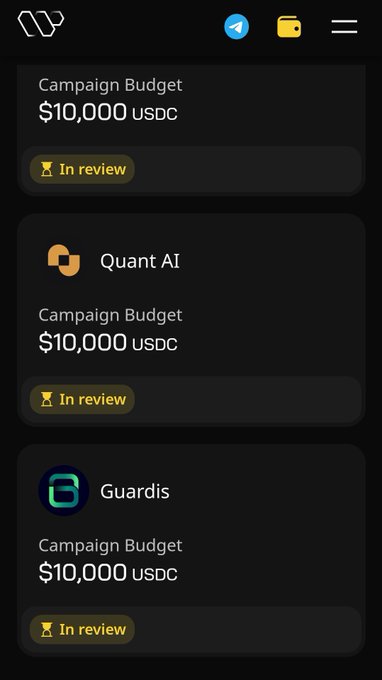 The image showcases a black cell phone displaying multiple posts related to campaigns, specifically campaigns by Guardris and GM CT. The phone screen shows various campaign budgets such as $10,000 USDC, $1,000 USDC, and $100,000 USDC. The user's review highlights the campaigns with a thumbs up symbol or a smiley face in approval. This post also mentions that it is reviewing new campaigns on the wallchain and emphasizes its importance to anyone interested in such campaigns.