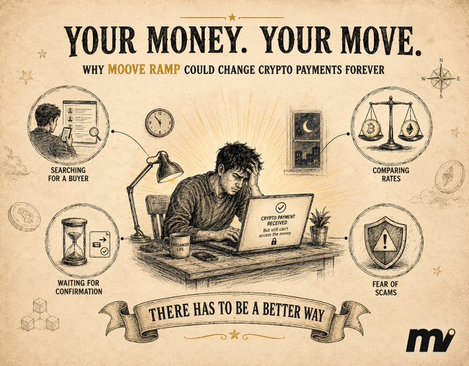 A vintage-style illustrated advertisement reads 'YOUR MONEY. YOUR MOVE. WHY MOOVE RAMP COULD CHANGE CRYPTO PAYMENTS FOREVER' and 'THERE HAS TO BE A BETTER WAY,' depicting a frustrated man at a desk surrounded by icons of crypto payment struggles.