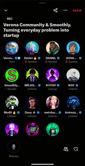 A Discord-style voice channel interface for "Verona Community & Smoothly" with the title "Turning everyday problem into startup," showing speakers including Verona (Host), Dmitri, DANIEL, KOVA, and Smoothly, plus several listeners.