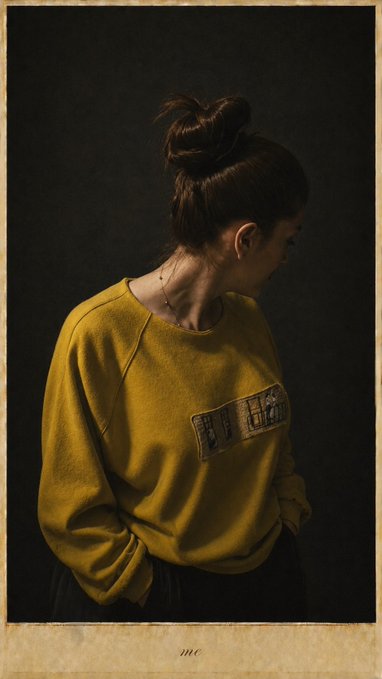 A moody, painterly portrait of a woman with her hair in a bun, wearing a mustard yellow sweatshirt with an artwork patch, posed in profile against a dark background.