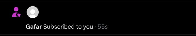 The image shows a YouTube notification that "Gafar Subscribed to you" 55 seconds ago, which is the subscription notification the user is excitedly reacting to in their post thanking @gafarWeb3 for the surprise.