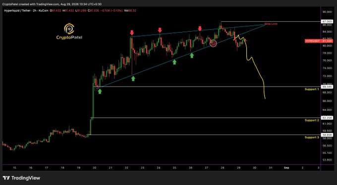 A TradingView 2-hour Hyperliquid/Tether (HYDUSDT/USDT) candlestick chart from CryptoPatel showing price action from Aug 19-31, 2026, with technical analysis markings including support levels around 69.300, 65.000, and 61.000, resistance near 87.000, and a descending yellow arrow indicating a bearish trend.