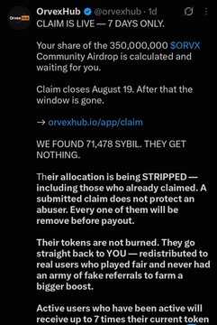 A tweet from OnvexHub (@onvexhub) claims the $ORVX airdrop is live for 7 days, stating that 71,478 $SYBIL addresses are being stripped of their allocation and removed, while directing users to orvexhub.io/app/claim. The post warns of transparency concerns regarding the $ORVX community airdrop, aligning with the tweet's accusations of unfair token distribution and user mistreatment.