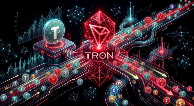 A stylized digital graphic features the glowing red TRON logo and name prominently at the center, surrounded by networks of flowing pathways, USDT (Tether) coins, candlestick charts, and floating "T" tokens against a dark, futuristic backdrop. The image visually reinforces the post's message about the massive $4.76 trillion stablecoin volume flowing through the TRON network, symbolizing TRON's role as a major highway for USDT transactions and highlighting its impressive daily and monthly transfer figures.