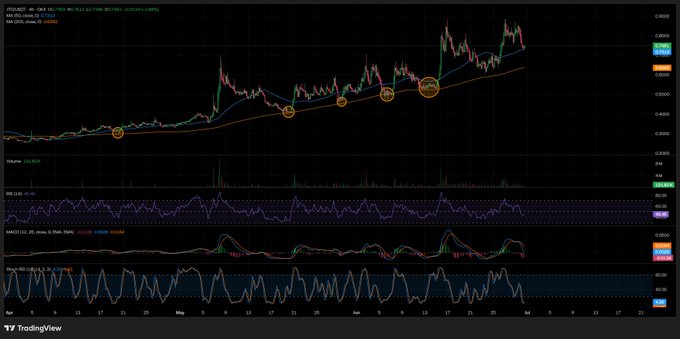 A TradingView chart showing cryptocurrency price action with technical indicators (RSI, MACD, Stochastic), featuring highlighted buy/sell points marked with circular annotations.