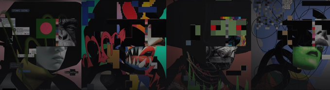 The image features a series of four distinct artworks displayed side by side, each with its own unique style and color scheme. The artworks are arranged in a row against a beige background, creating an interesting visual effect that draws attention to their individual characteristics. The first artwork is a black and white portrait of a person's face, the second one is a colorful abstract piece featuring geometric shapes and lines, the third one is another abstract piece with bold colors and patterns, and the fourth one is a black and white portrait of an animal. Each artwork has its own distinct style and color scheme, showcasing the diversity and creativity of the artists involved in these projects.