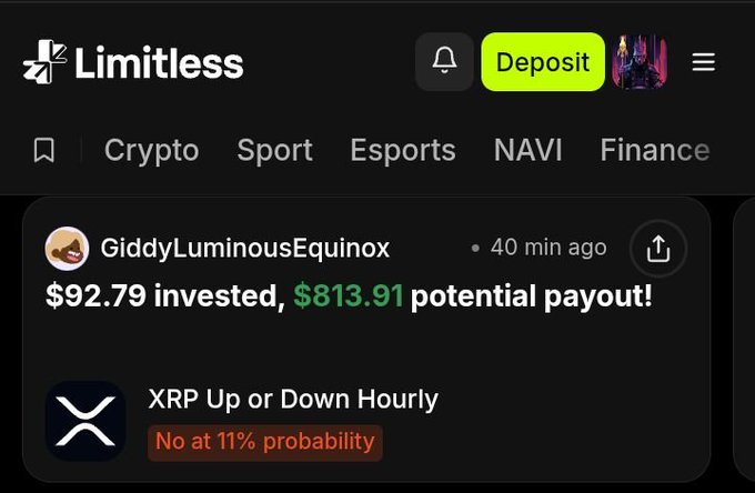 A Limitless platform screenshot shows a trending position by user GiddyLuminousEquinox who invested $92.79 in the "XRP Up or Down Hourly" market for a potential $813.91 payout, currently priced at "No" with 11% probability. The image directly corresponds to the post, highlighting the high-risk, high-reward nature of the speculative bet on XRP's hourly price movement.