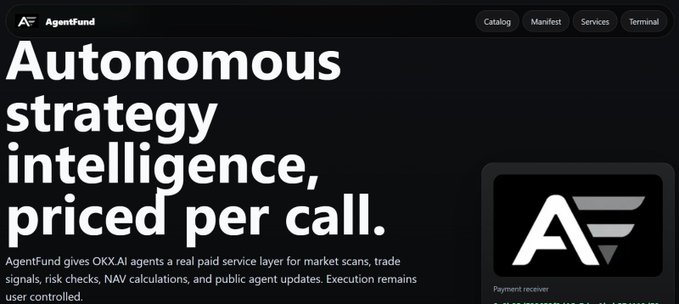 The image shows the AgentFund website with the tagline "Autonomous strategy intelligence, priced per call," explaining that it gives OKXAI agents a paid service layer for market scans, trade signals, and NAV calculations, with the navigation showing Catalog, Manifest, Services, and Terminal tabs alongside a payment receiver logo. This visually supports the post's announcement of AgentFund's submission to the OKX AI Genesis Hackathon as a paid Agent Service Provider (ASP #6023) for OKX.AI on X Layer, showcasing the platform's x402 pay-per-call API offering for autonomous finance agents.