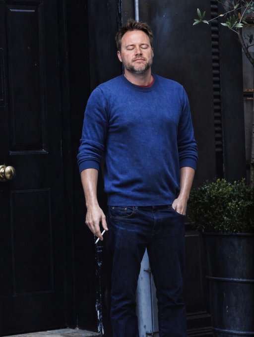 A man in a navy blue sweater and jeans stands with his eyes closed and cigarette in hand against a dark backdrop, his contemplative posture reflecting the sudden uncertainty and pause surrounding the SEC's last-minute cancellation of its crypto regulatory framework meeting.