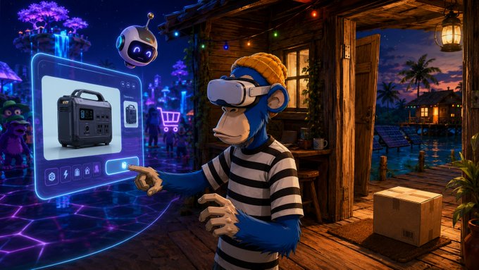 Vibrant AI-style illustration of a monkey wearing a VR headset and striped shirt interacting with a holographic shopping interface for a portable power station, set in a tropical dock village at night with a small robot companion.