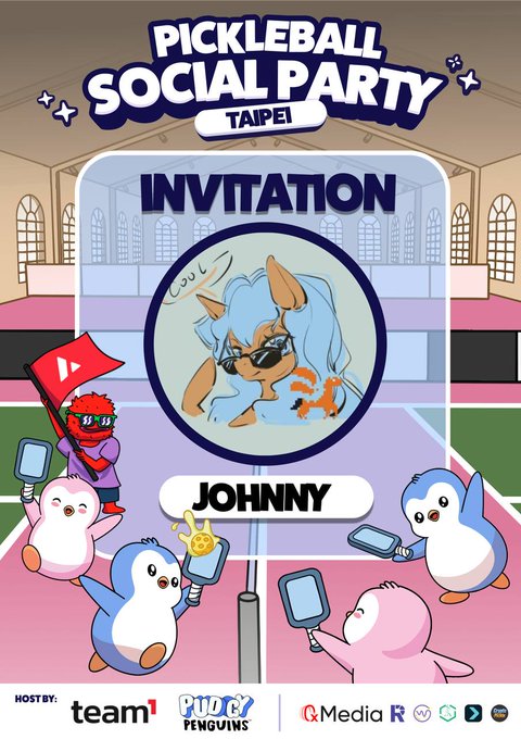 A colorful digital invitation card for a "PICKLEBALL SOCIAL PARTY TAIPEI" featuring anime-style artwork, with a character named "JOHNNY" in the center, surrounded by cute penguin characters playing pickleball, hosted by team1, Pudgy Penguins, and other sponsors.