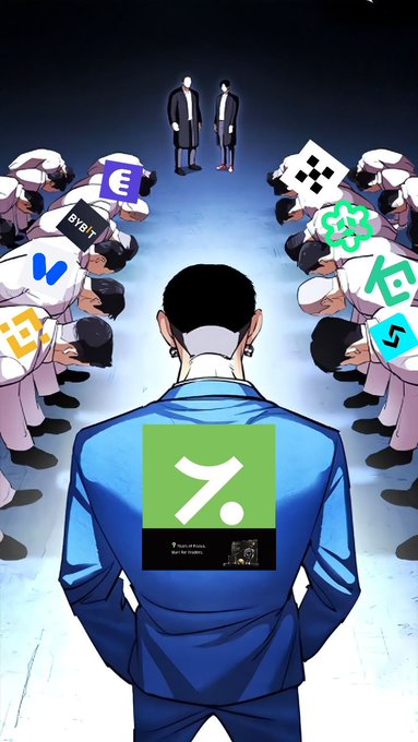 An anime-style illustration showing a person in a blue suit viewed from behind with a green square logo on their back, standing before two bowing groups of people, each adorned with various tech and cryptocurrency company logos including Bing, Bybit, Binance, and others.