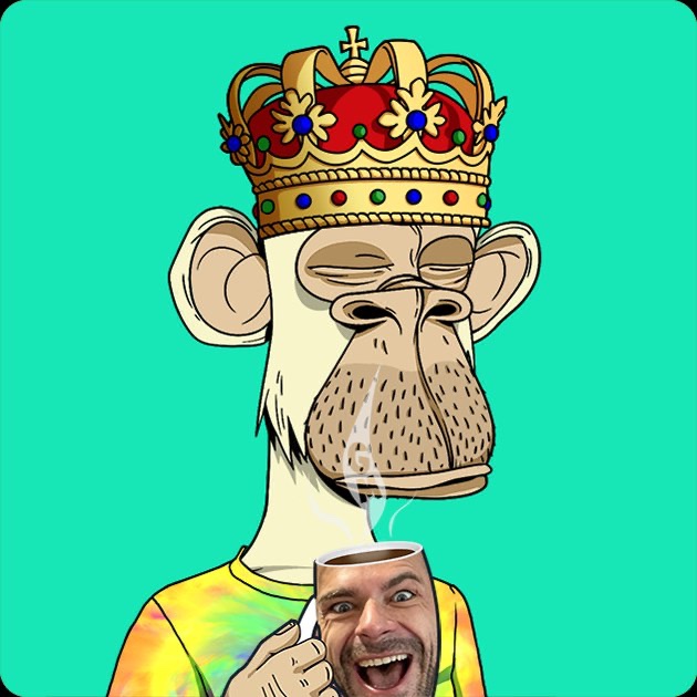 A cartoon illustration of a Bored Ape NFT wearing a jeweled crown, with the face of a man excitedly holding a steaming cup superimposed over its body.