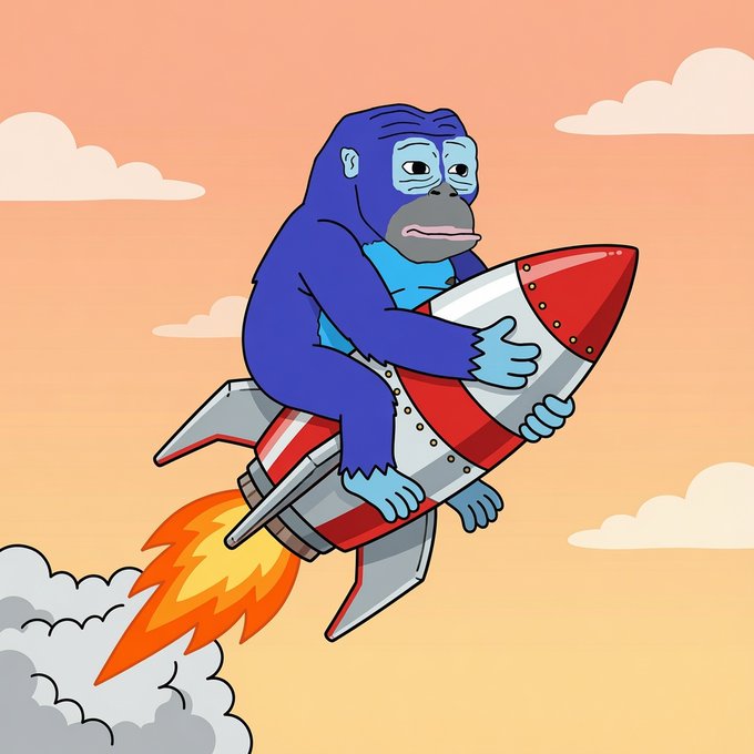 A cartoon illustration of a blue gorilla riding a red and white rocket through a peach-colored sky with white clouds.
