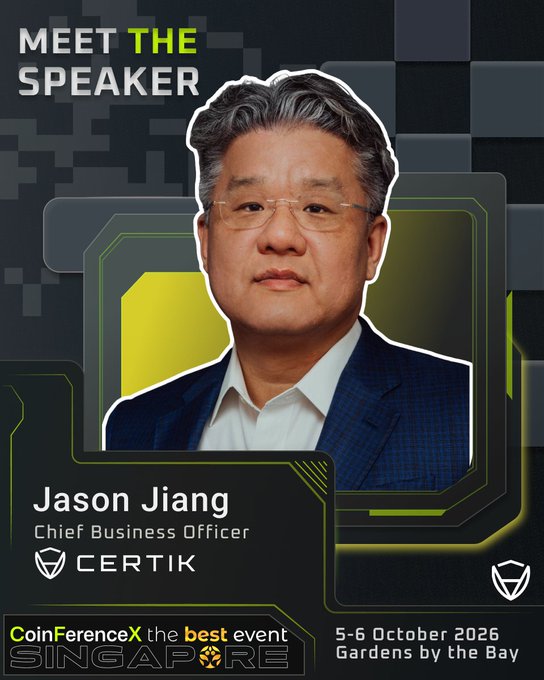 The image is a "Meet the Speaker" promotional graphic featuring Jason Jiang, Chief Business Officer of CertiK, with event details for CoinFerenceX Singapore taking place 5-6 October 2026 at Gardens by the Bay.

This visual supports the accompanying post by introducing Jason Jiang as a featured speaker at CoinFerenceX Singapore, where he will contribute insights on the topics mentioned—blockchain security, AI risk, stablecoins, and the future of digital assets in the institutional space.