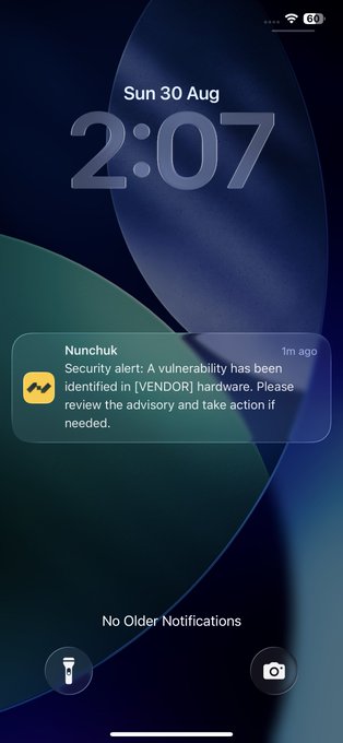 An iPhone lock screen dated Sun 30 Aug at 2:07 shows a Nunchuk security alert notification about an identified vulnerability.