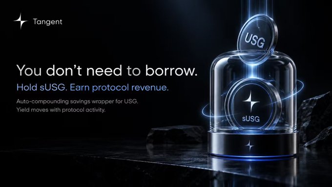 An advertisement for Tangent featuring a glass dome containing USG and sUSG tokens with the tagline "You don't need to borrow. Hold sUSG. Earn protocol revenue."