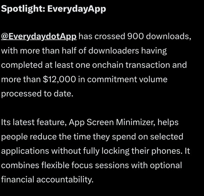 Text snippet titled 'Spotlight: EverydayApp' announcing that @EverydaydotApp has crossed 900 downloads with over $12,000 in commitment volume, highlighting its App Screen Minimizer feature for reducing phone usage.