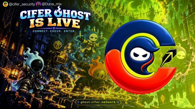 A vibrant promotional graphic for 'CIFER & HOST IS LIVE' featuring a large red and blue 'C' logo with a ghost character, set against a dark gothic background with cartoon ghost figures and the text 'ghost.cifer.network'.