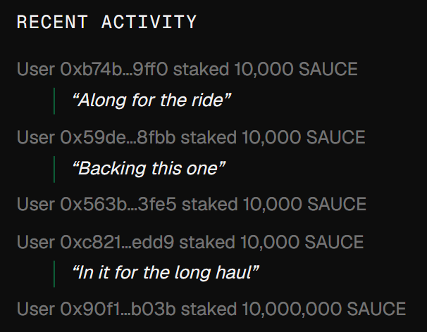 A dark interface displays 'RECENT ACTIVITY', listing several users who 'staked' varying amounts of 'SAUCE', including 10,000 and 10,000,000 SAUCE.