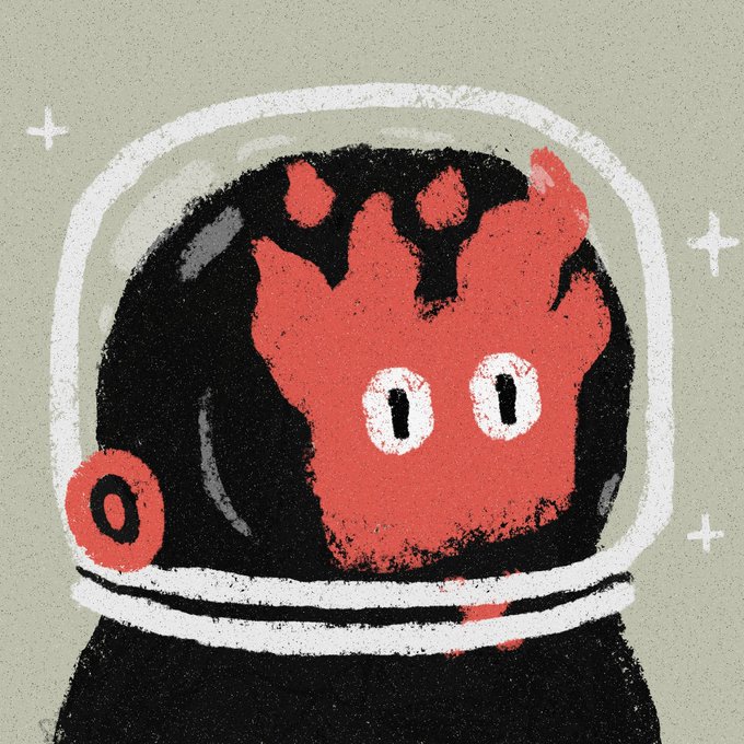 A digital illustration of a black creature inside a transparent, domed space helmet, with a large red, flame-like hand pressed against the inside of the glass and cartoonish oval eyes.