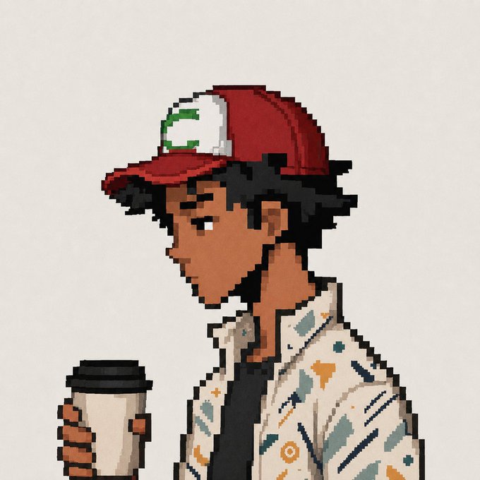 A pixel art illustration of a person wearing a red and white cap, patterned shirt, and holding a coffee cup, looking downward.