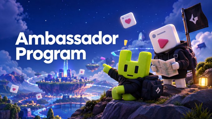 A promotional graphic for an 'Ambassador Program' featuring two 3D-rendered characters, one green and one white with a pink nose, holding a map and a flag against a fantasy cityscape backdrop.